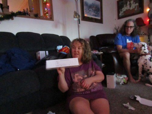 Melissa showing present to dixie 